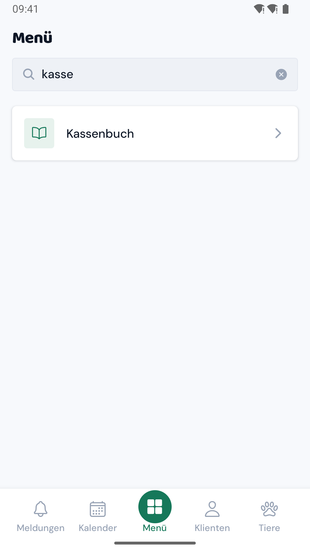 Die Menü-Suche mit der Eingabe „kasse“, als Treffer erscheint nur noch das Kassenbuch.