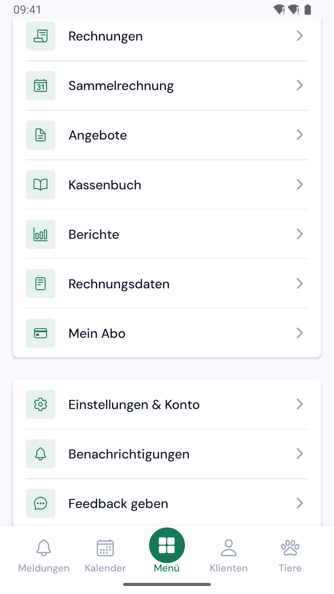 Das Menü mit der Gruppe „Rechnungen & Abo“ von Sammelrechnung bis „Mein Abo“.