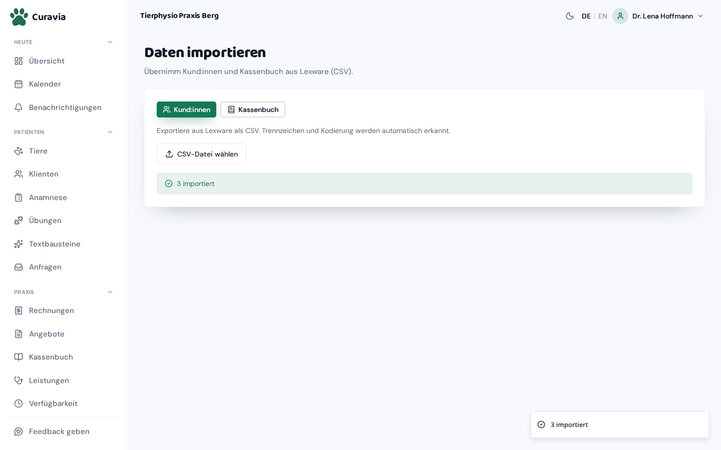 Seite „Daten importieren“ nach dem Import mit der grünen Meldung „3 importiert“.