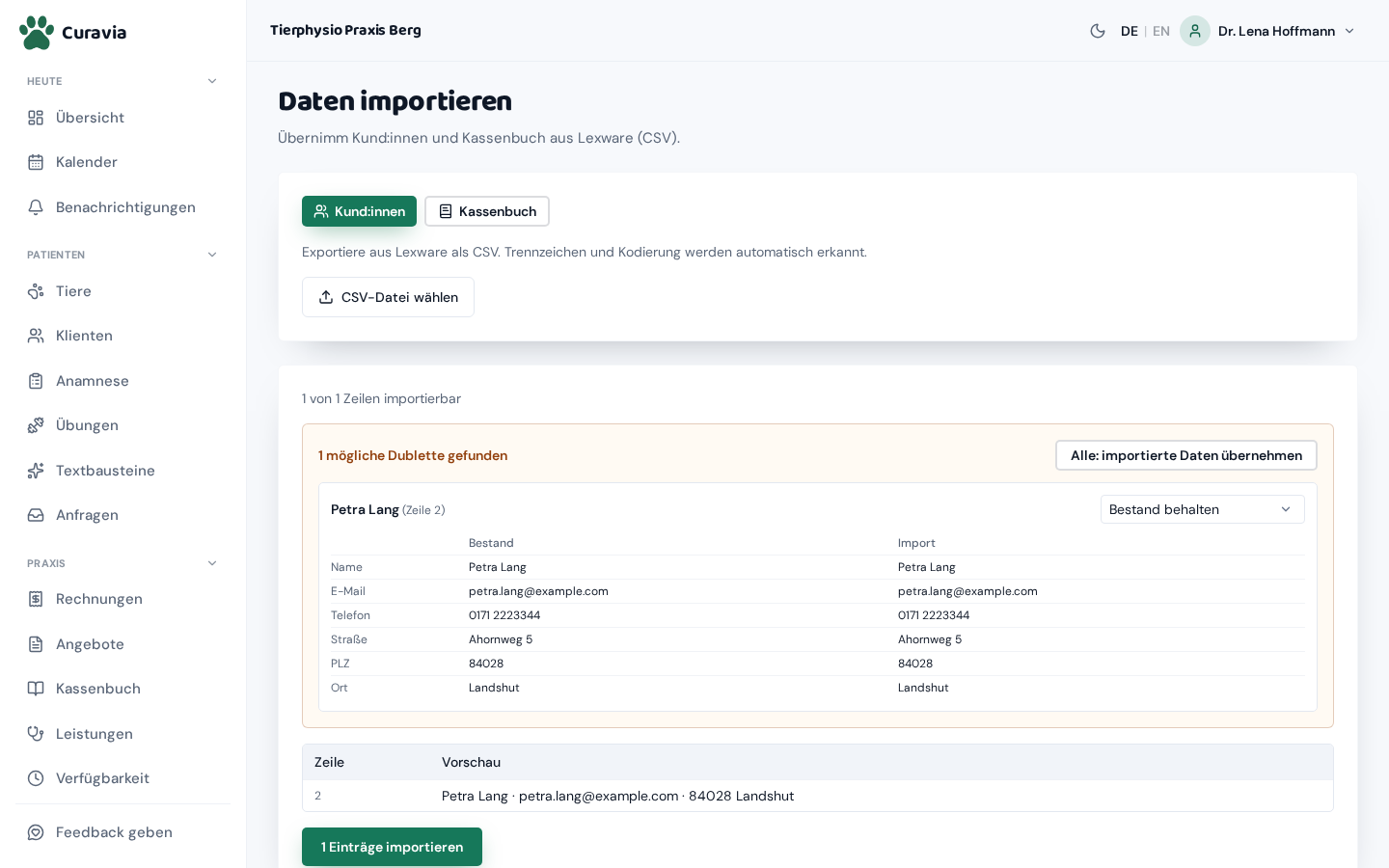 Import-Vorschau mit dem Warnblock „1 mögliche Dublette gefunden“: Bestand und Import im Vergleich, dazu die Auswahl „Bestand behalten“.