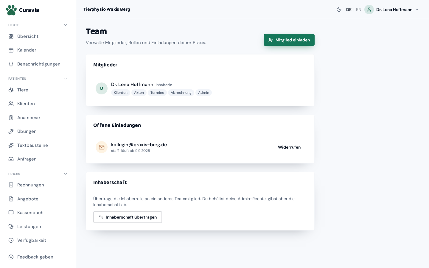 Team-Seite mit „Mitglieder“, „Offene Einladungen“ und „Inhaberschaft“; grün markiert ist der Knopf „Bearbeiten“ in der Mitgliederzeile.