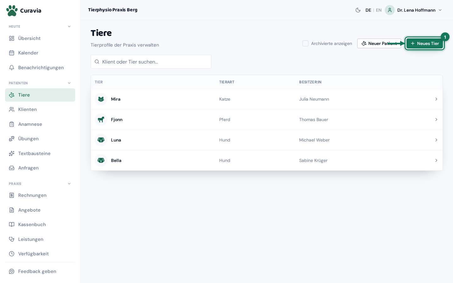 Tierliste der Curavia-Web-App im Browserfenster