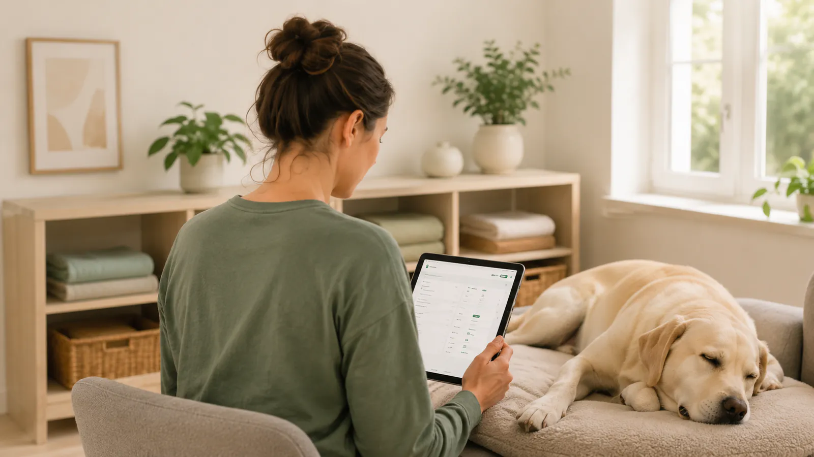 Behandlerin sieht in einer Behandlungspause etwas auf dem Tablet nach, ein kleiner Hund ruht auf der Liege