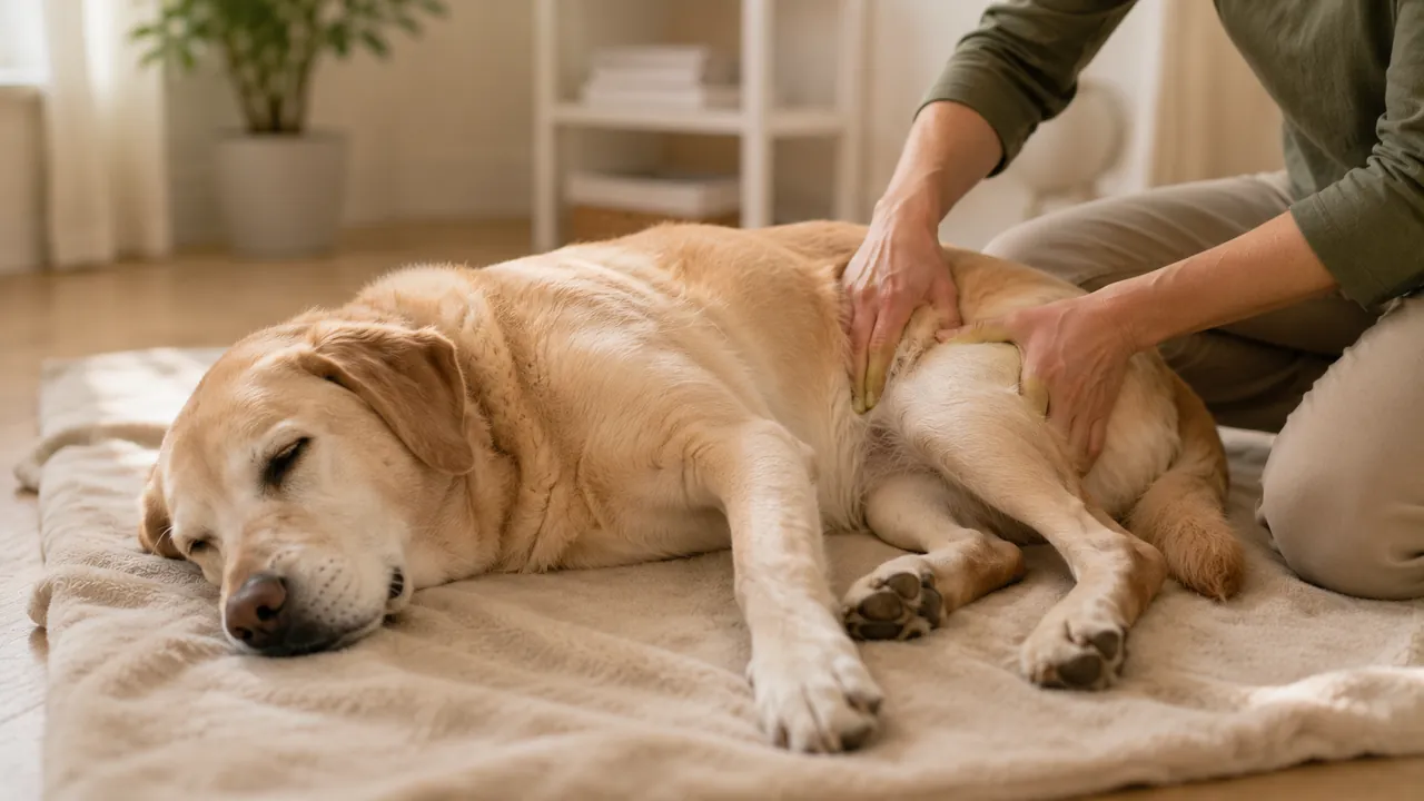 Älterer Hund wird am Hüftgelenk behandelt