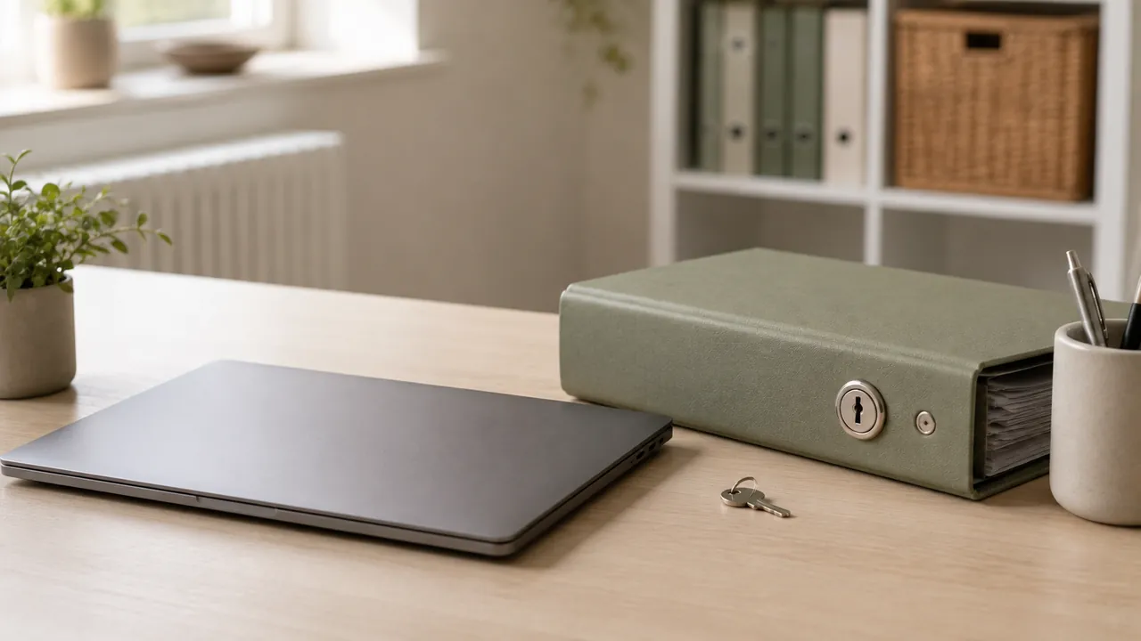 Laptop mit Schloss-Symbol und Aktenordner