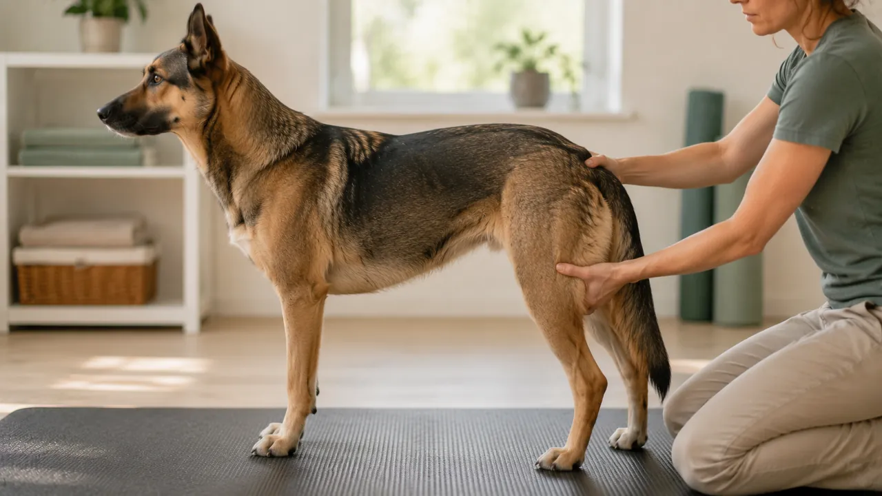 Hund mit Hüftproblemen wird an der Hinterhand behandelt