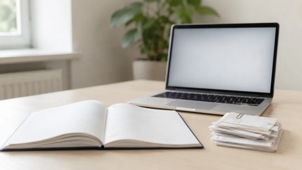 Kassenbuch und Belege neben einem Laptop