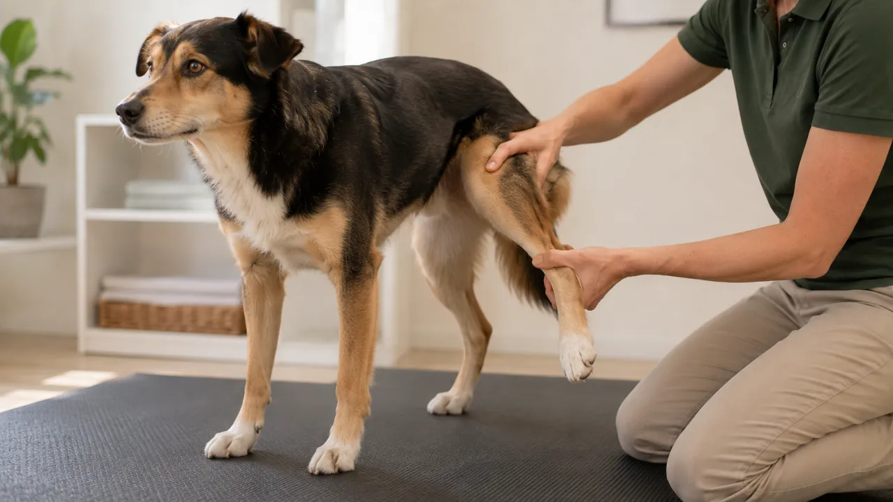 Hund nach einer Knieoperation bei der Physiotherapie