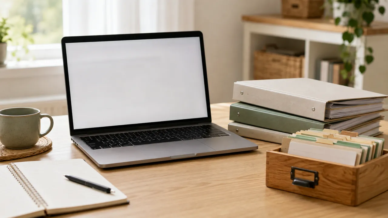 Aufgeräumter Schreibtisch mit Laptop und Kundenakten