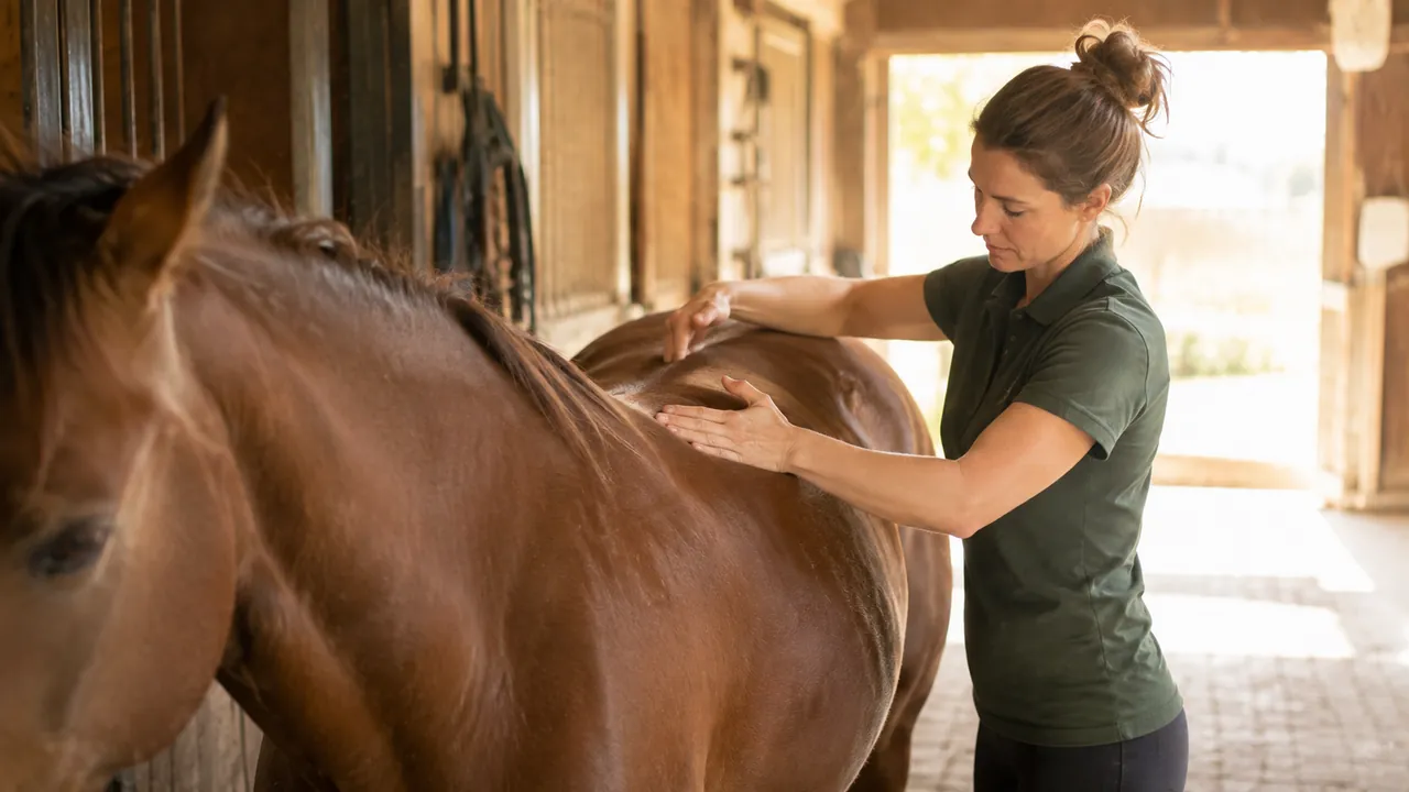 Physiotherapeutin behandelt ein Pferd im Stall