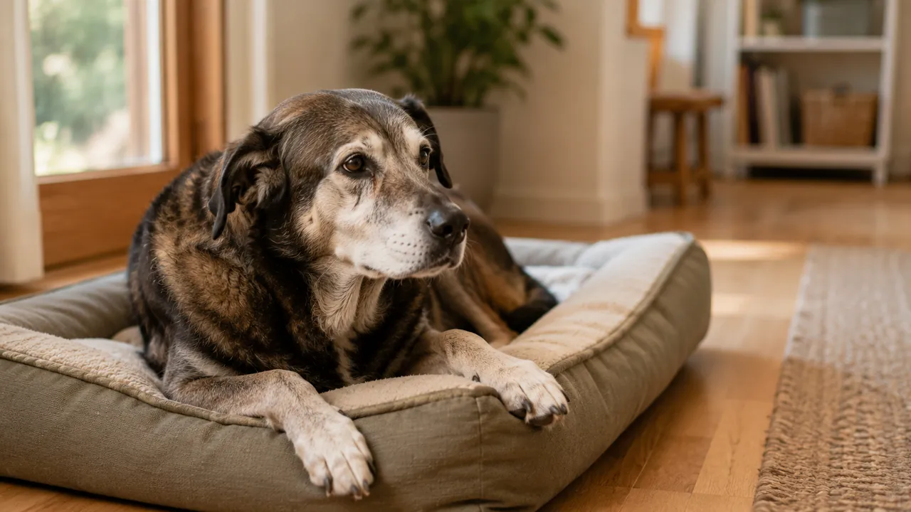 Grauer Seniorhund liegt entspannt auf einer Matte