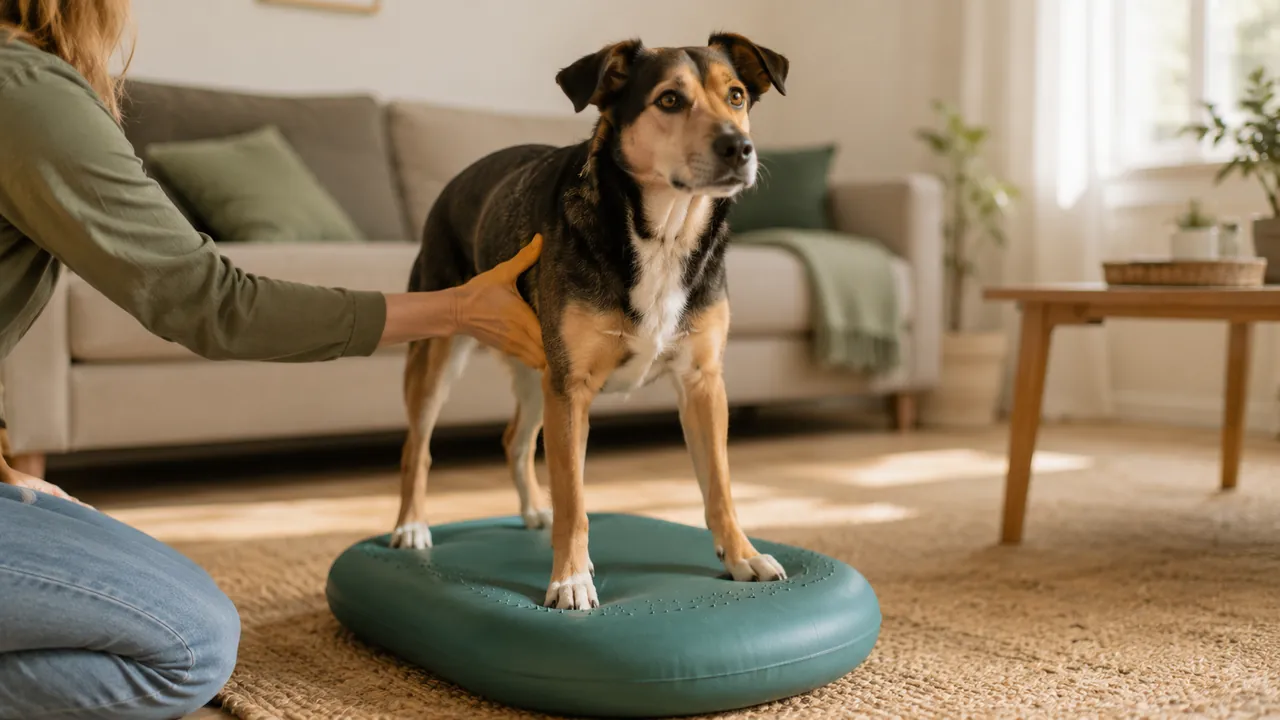 Hund führt zuhause eine Übung auf einer Matte aus