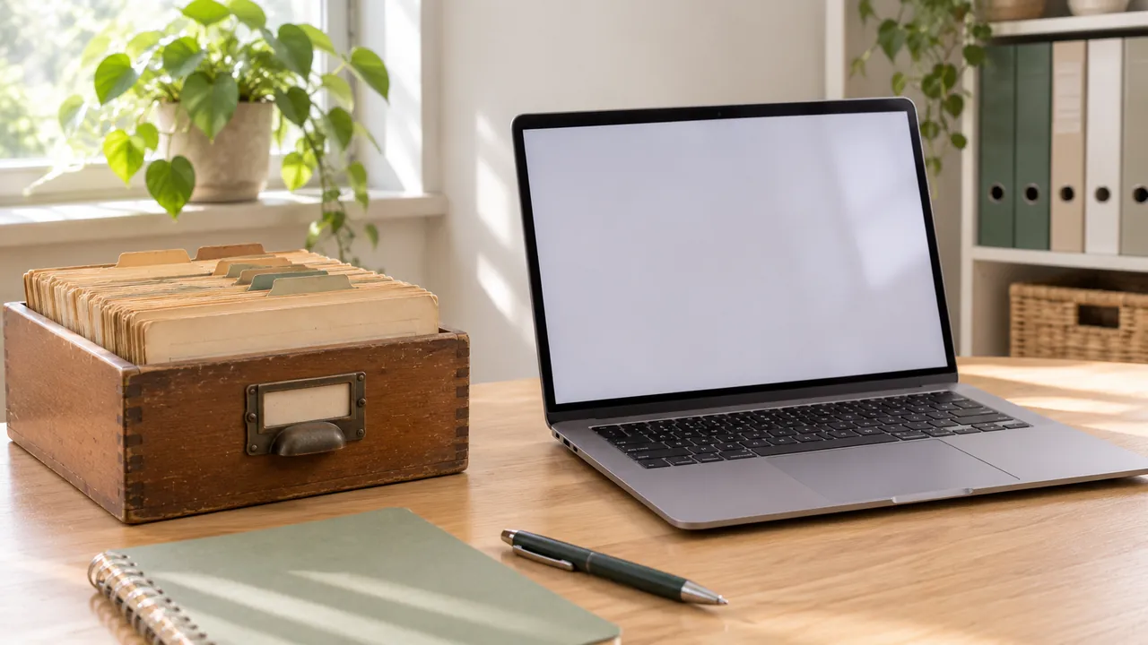 Laptop mit Tabelle neben einem Karteikasten