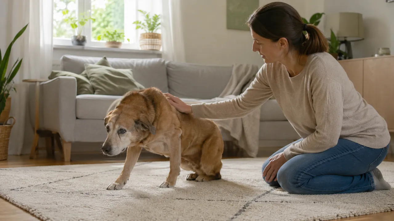 Halterin beobachtet ihren Hund beim Aufstehen
