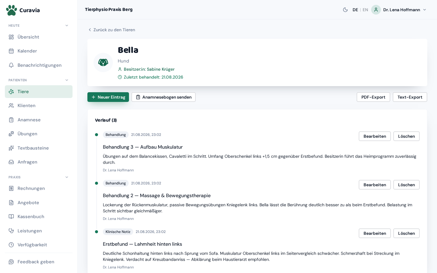 Patientenakte von Hündin Bella mit Erstbefund und zwei Behandlungen im Verlauf