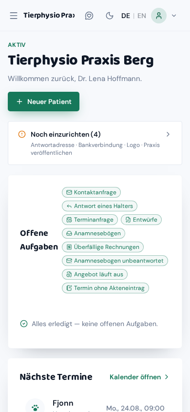 Praxisübersicht in der Curavia-App auf dem Handy: offene Aufgaben und die nächsten Termine